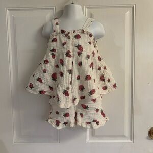 Size 3T Rabbit + Bear cream/Red Strawberry sleeveless short set.  In EUC!
